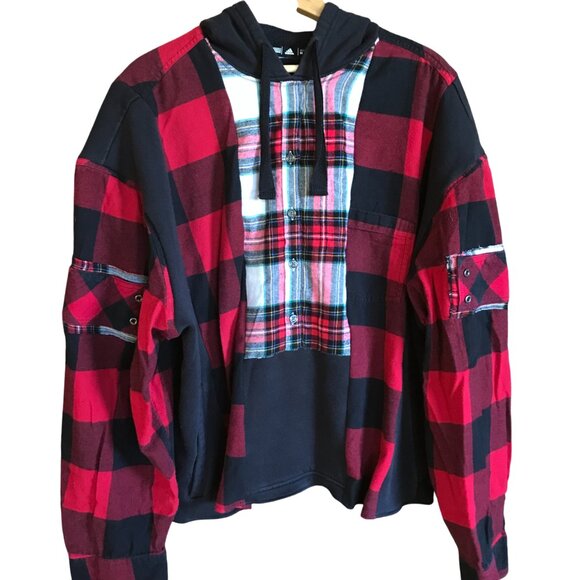 Upcycled Patchwork Hoodie XL/1X: Boho Grunge Black & Red Flannel Sweatshirt - Picture 1 of 10